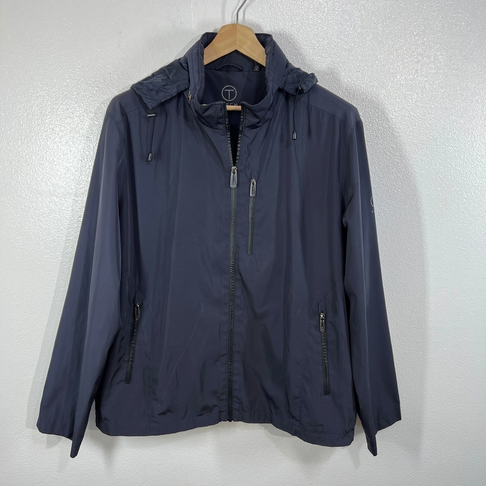 TUMI Tech Mens XL Hooded Windbreaker‎ Jacket Gray Travel Lightweight Zip Pockets
